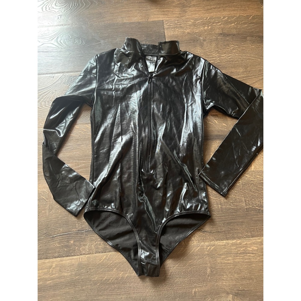 Leg Avenue Black Wet Look Bodysuit Mock Neck Zip Front Long Sleeve Medium